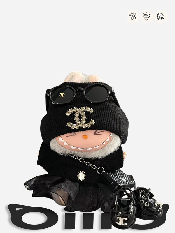 LABUBU Clothes Chan*l Sparkling Logo Black Outfit