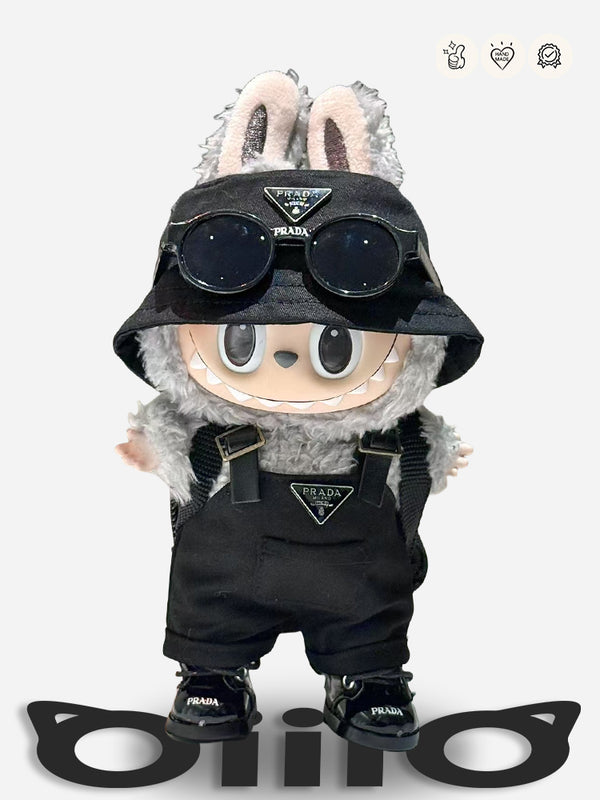 LABUBU Clothes Prad* Chic Black Fisherman Hat& Overalls Outfit