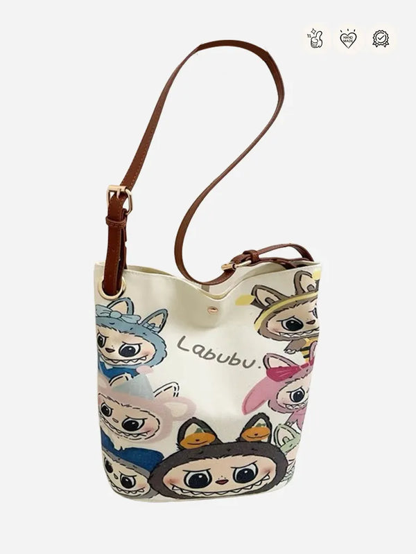LABUBU Adorable Cartoon Bucket - style Crossbody Canvas Tote
