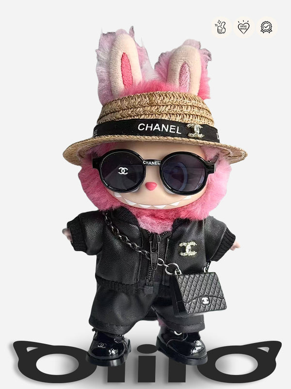 LABUBU Clothes Chan*l Edgy Leather & Straw Hat Outfit