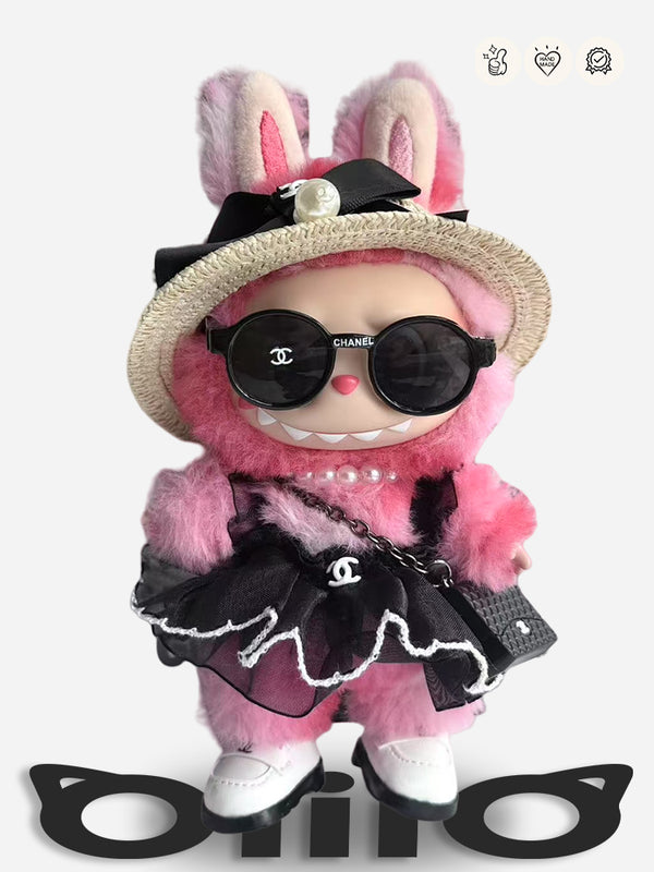 LABUBU Clothes Chan*l Straw Hat & Mesh Skirt Outfit