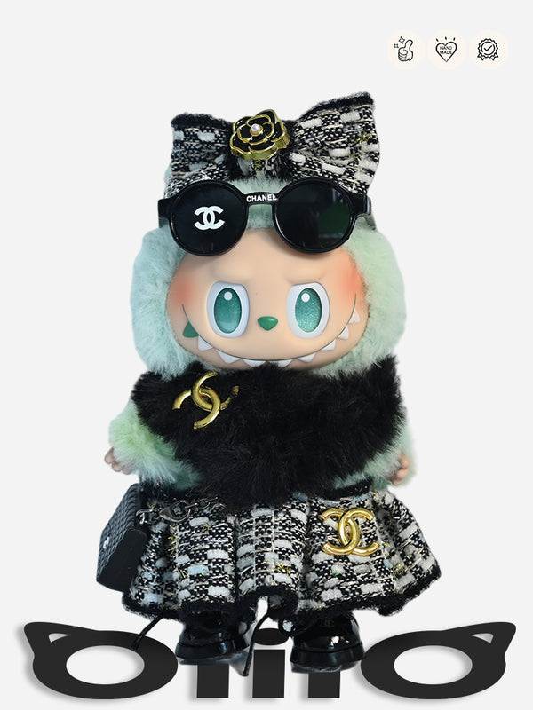 LABUBU Clothes Chan*l Luxe Tweed - fur & Gold - accented Set