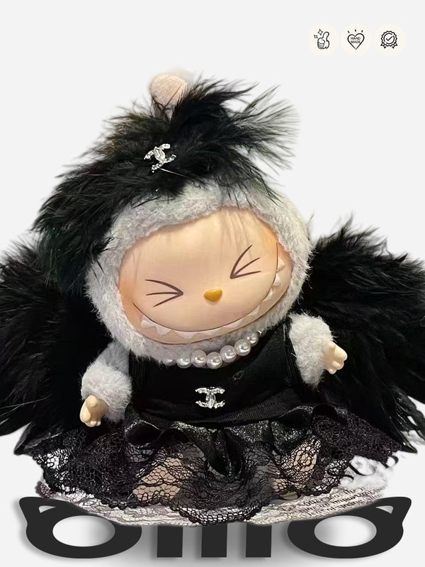 LABUBU Clothes Chan*l Black Feather and Lace Outfit