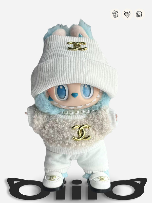 LABUBU Clothes Chan*l Knit Hat & Furry Sweater Outfit