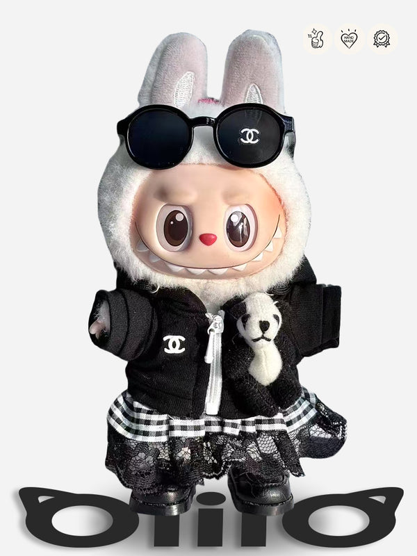 LABUBU Clothes Chan*l Punk - chic Black Jacket & Mixed - skirt Ensemble