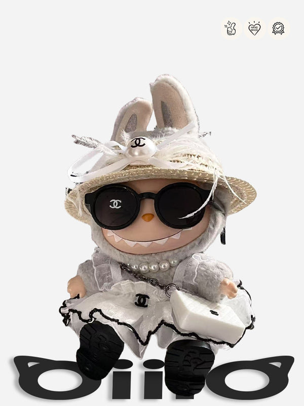 LABUBU Clothes Chan*l Feather Hat Mesh Dress Outfit