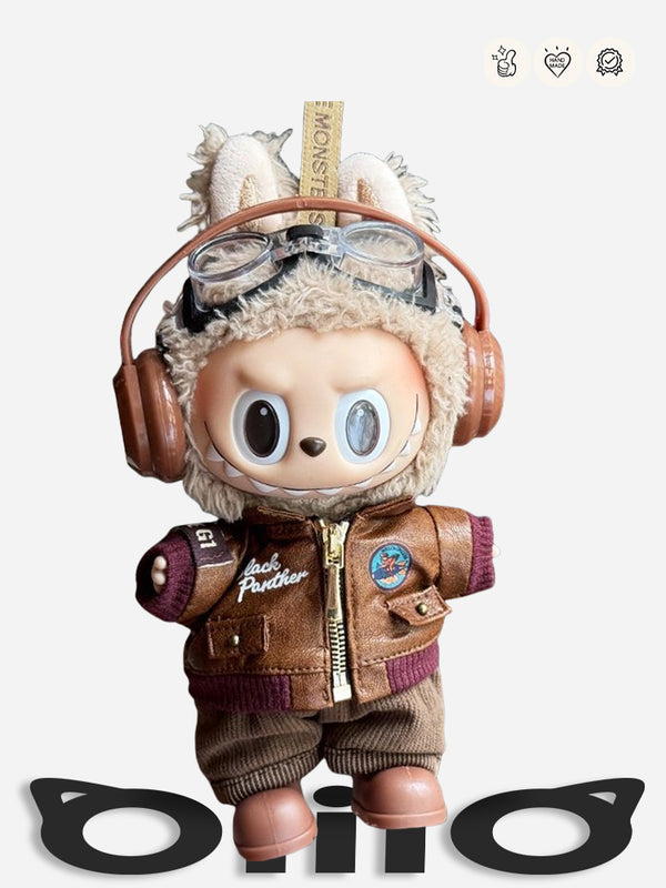 Labubu Clothes Pilot - Inspired Brown Leather Jacket