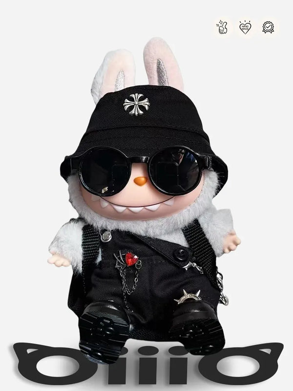 LABUBU Clothes Chrom* H Black Bucket Hat & Overalls Set