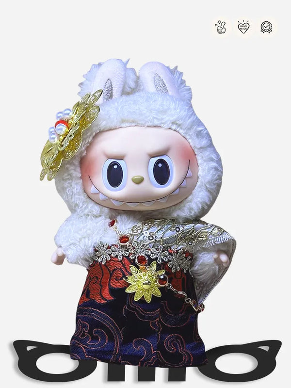 Labubu Clothes Dai - Thai Style White - Fur Embellished Ethnic - Patterned Dress