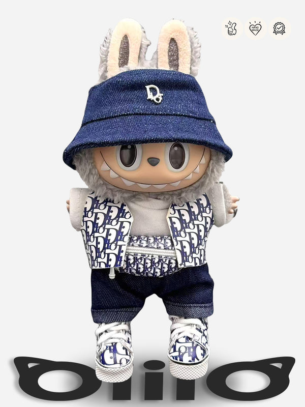 LABUBU Clothes Dio* - inspired Denim Hat & Patterned Vest Outfit