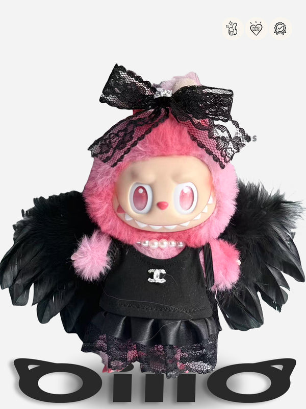 LABUBU Clothes Chan*l Lace Bow Black Feather Ensemble